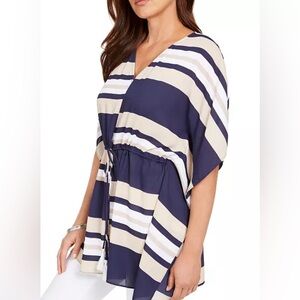 Charter Club Tan and Blue Relaxed Tie Front Tunic